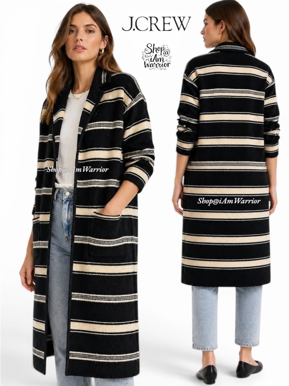 J.Crew black & cream stripe sweater duster cardigan/coatigan *shop@iamwarrior